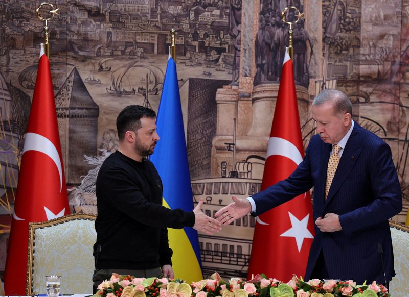 © Reuters. FILE PHOTO: Ukrainian President Volodymyr Zelenskiy shakes hands with his Turkish counterpart Tayyip Erdogan during a press conference in Istanbul, Turkey, March 8, 2024. REUTERS/Umit Bektas/File Photo