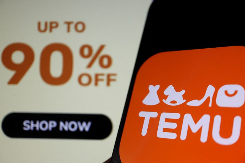 © Reuters. FILE PHOTO: The logo of Temu, an e-commerce platform owned by PDD Holdings, is seen on a mobile phone displayed in front of its website, in this illustration picture taken April 26, 2023. REUTERS/Florence Lo/Illustration/File Photo