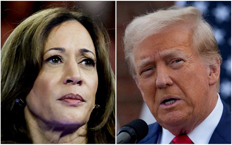 © Reuters. FILE PHOTO: U.S. Vice President Kamala Harris in Milwaukee, Wisconsin, U.S. August 20, 2024 and former U.S. President Donald Trump in Bedminster, New Jersey, U.S., August 15, 2024 are seen in a combination of file photographs. REUTERS/Marco Bello, Jeenah Moon/File Photo