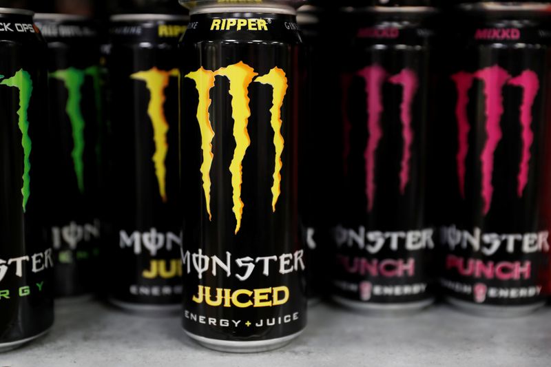 © Reuters. FILE PHOTO: Monster energy drinks are seen for sale in a motorway services shop, Reading, Britain, January 25, 2019. REUTERS/Peter Cziborra/File Photo