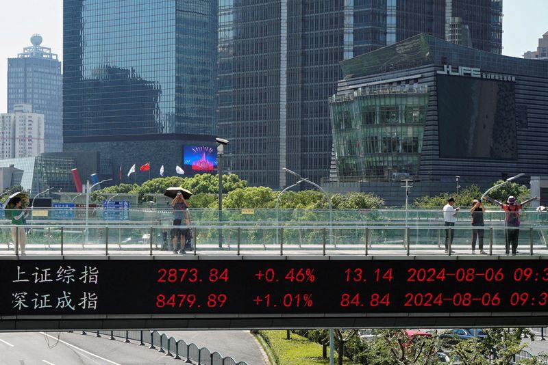 © Reuters. FILE PHOTO: People take pictures on an overpass with a display of stock information in front of buildings in the Lujiazui financial district in Shanghai, China August 6, 2024. REUTERS/Nicoco Chan/File Photo